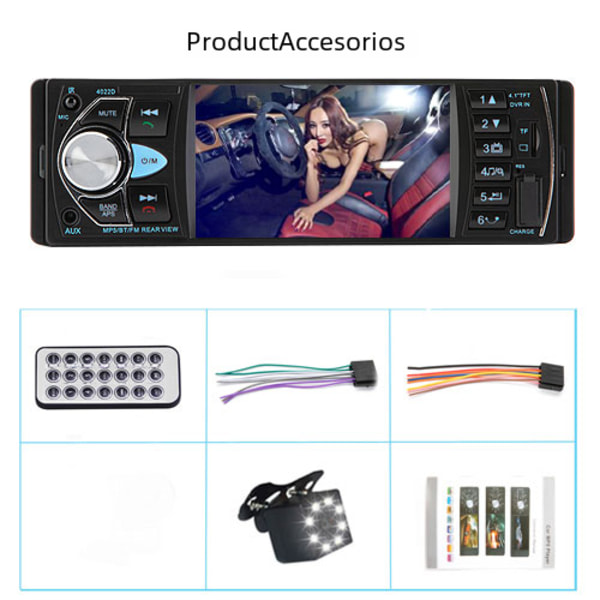 1Din Bilradio Stereo Bluetooth MP5 MP3 4.1 Tum Pekskärm, Rattstyrning, Backkamera, Satellitsändning With 8 LED Camera