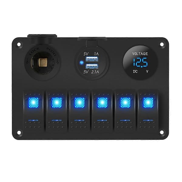 6-veis Marine Rocker Bryterpanel Vanntett 12 Volt, Båt Vippebryterpanel 12V Blått LED-lys