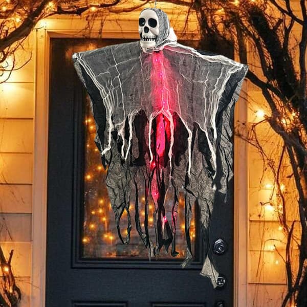 Halloween-skjelett flyvende spøkelsesdekorasjon, lysende svevende pynt med tåke, dekor til innendørs og utendørs bruk Red light