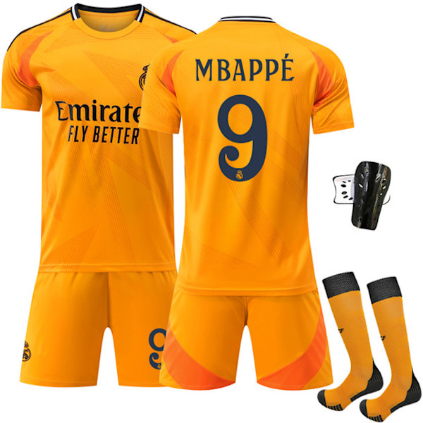 2425 Real Madrid vierasjalkapallopaita oranssi Mbappe puku+sukka+suojavarusteet 20(110-120cm)