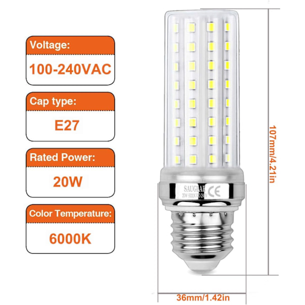 SUGLAE 20W LED Majslampor | Kallvitt 6000K | E27 3-pack 20W high brightness model