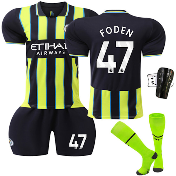 2425 Manchester City bortatröja i fluorescerande grönt fotbollsställ Foden set+strumpa+skyddsutrustning 16(90-100cm)