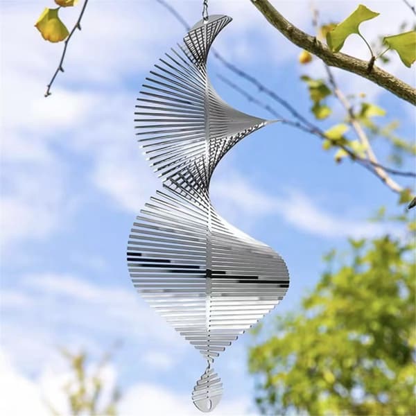 3D Hængende Vindspil, Metalskulptur i Rustfrit Stål, Sølv, 39cm, Havedekoration