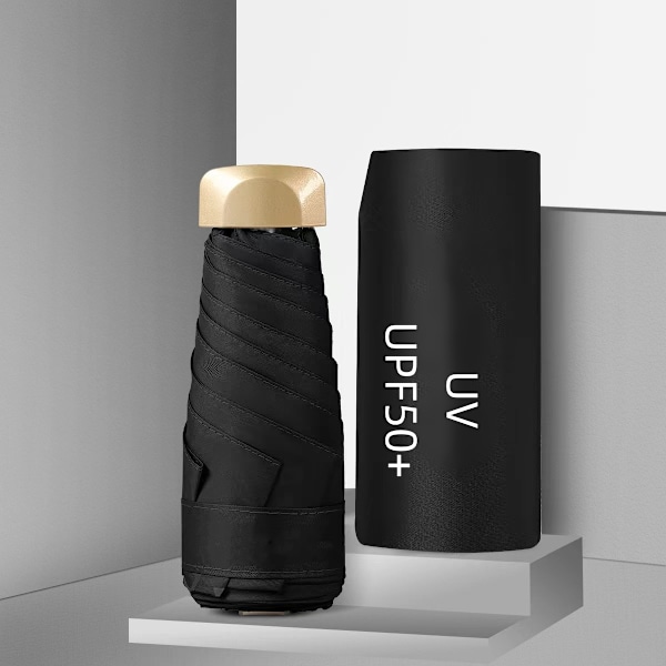 Mini Portabel Rese Hopfällbart UV-Paraply Solskydd och Regn UPF50+ Vinyl Svart Överdrag för Vuxna Kapsel Parasoll black