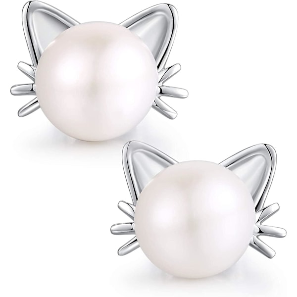 Silver Katt Örhängen - Kattsmycken för Kvinnor - Silver Katt Pärlörhängen för Flickor