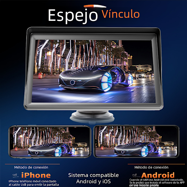 Auton multimediavideosoitin, radio Androidilla, CarPlay, 7 tuuman kannettava kosketusnäyttö, Bluetooth 5.0, AUX USB:llä only radio