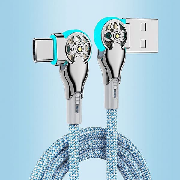USB Type-C kaksoiskulmaliitin kääntyvä nailonpunottu pikalatausdatakaapeli, 2m, sininen, valolla