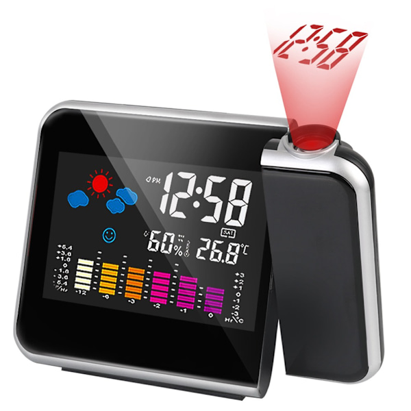 LED Lys Projektor Vækkeur, Vejrstation til Sengebord med Urfunktion, Klima, Temperaturer, LCD Digital Display Black