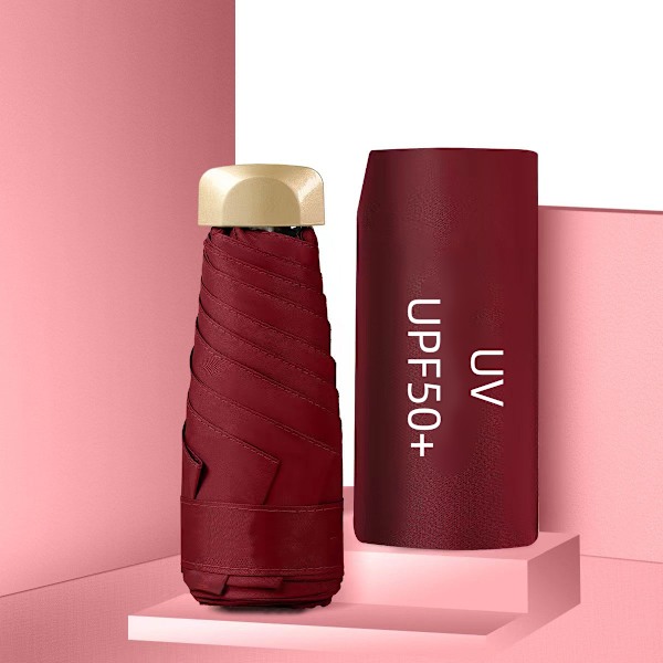 Mini Portabel Rese Hopfällbart UV-Paraply Solskydd och Regn UPF50+ Vinyl Svart Överdrag för Vuxna Kapsel Parasoll Red wine