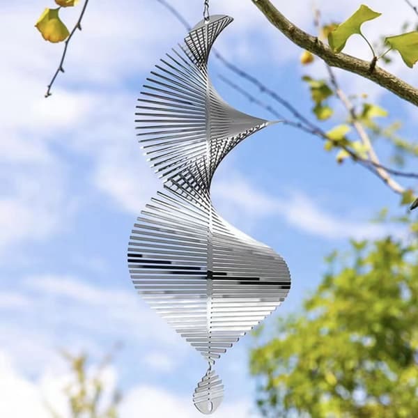 3D Hængende Vindspil, Metalskulptur i Rustfrit Stål, Sølv, 39cm, Havedekoration