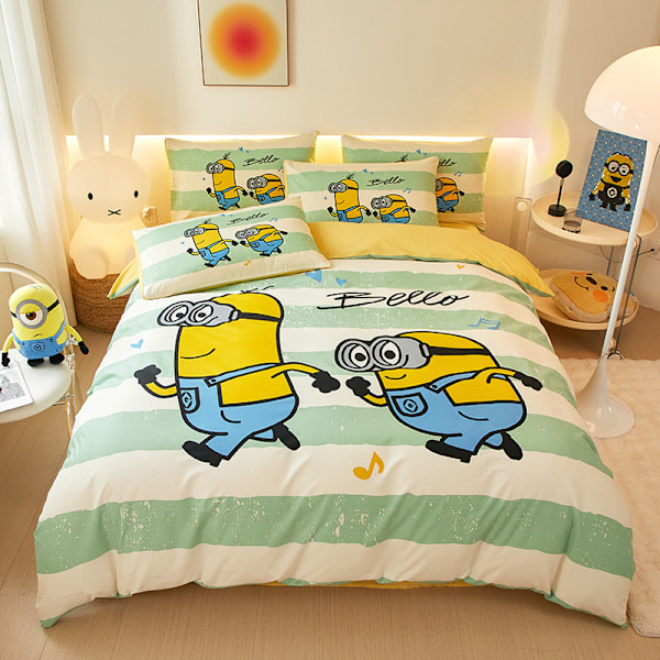 Minions Serie - Tryckt påslakanset i bomull - Gröna ränder Single 160*210 (3pcs)