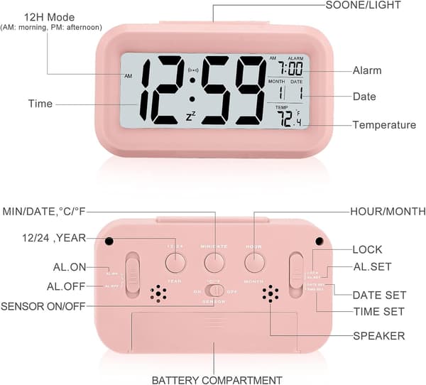 Digital väckarklocka för sovrum med smart nattlampa Pink