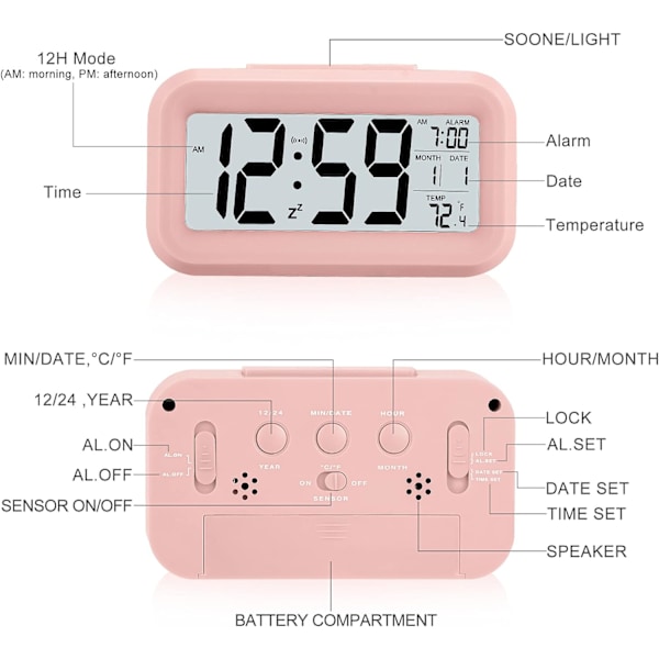 Digital vekkerklokke for soverom med smart nattlys Pink