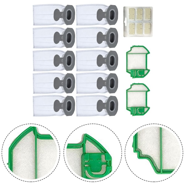 For Vorwerk Kobold VK7 FP7 Trådløs Støvsuger, 10 Støvsugerposer, 2 Forfiltre, 1 Dufttabletter/Pinner.