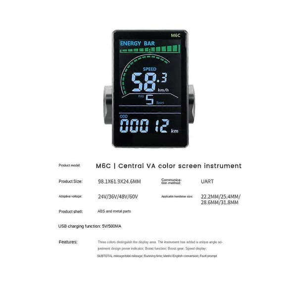 M6C Elektrisk Cykel LCD Display Meter 24V 36V 48V 60V E Scooter LCD Panel Farveskærm med USB til M
