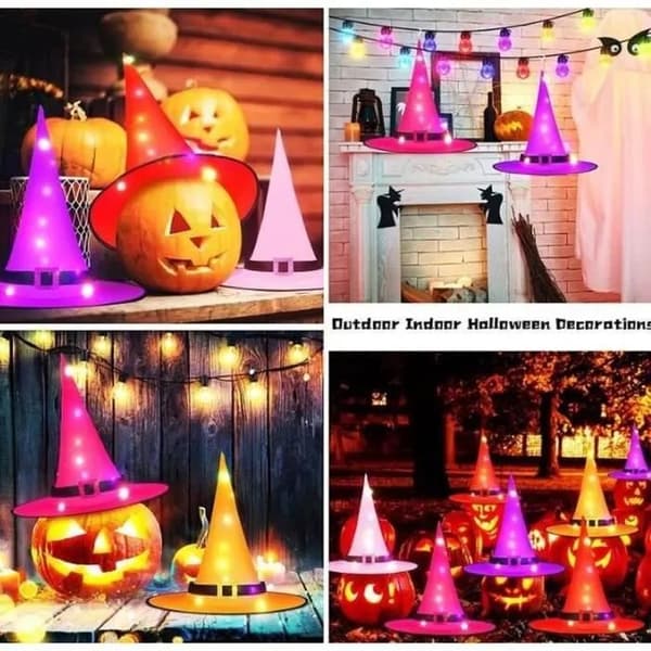 Heksehatte med lyskæde, Halloween-pynt til udendørs brug, haven og indendørs Pink