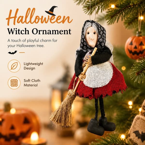 Halloween heksepynt med kost, forklædevedhæng, stofdukkefigur til juletræet Red