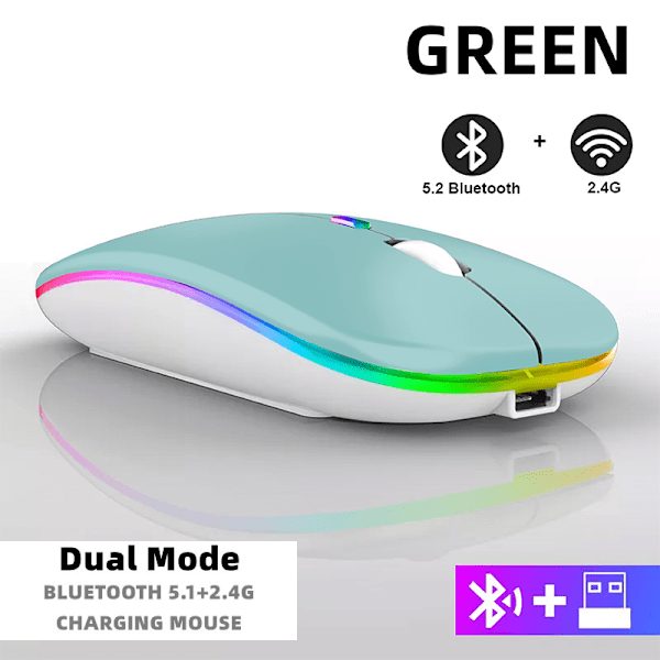 Uppladdningsbar trådlös mus Bluetooth 2,4 GHz USB RGB 1600DPI för dator laptop surfplatta PC Macbook gamingmus green