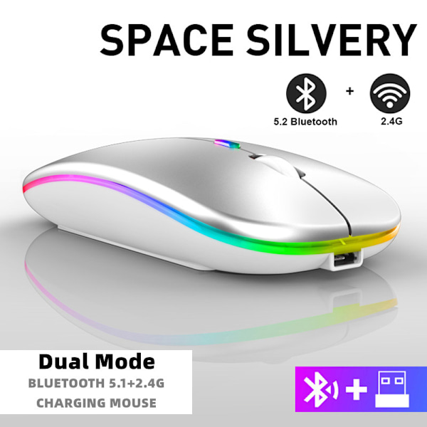 Uppladdningsbar trådlös mus Bluetooth 2,4 GHz USB RGB 1600DPI för dator laptop surfplatta PC Macbook gamingmus silvery