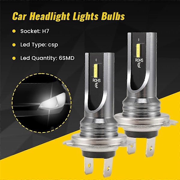 2 st Bil H7 LED-lampor Strålkastare Vit 6000K 80W CSP-chip 6SMD Motorcykel Dimljus 1860 16000LM