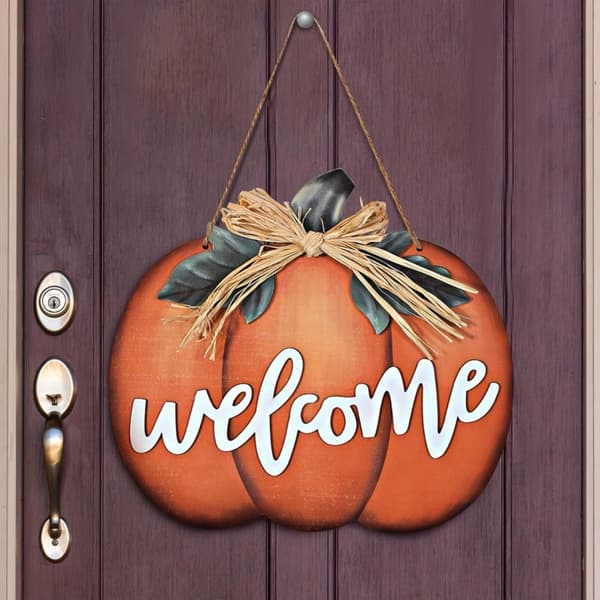 Velkomstskilt i træ formet som græskar til Thanksgiving-døren, Halloween-fejring Orange
