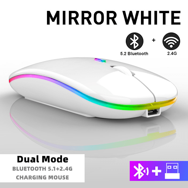 Uppladdningsbar trådlös mus Bluetooth 2,4 GHz USB RGB 1600DPI för dator laptop surfplatta PC Macbook gamingmus White