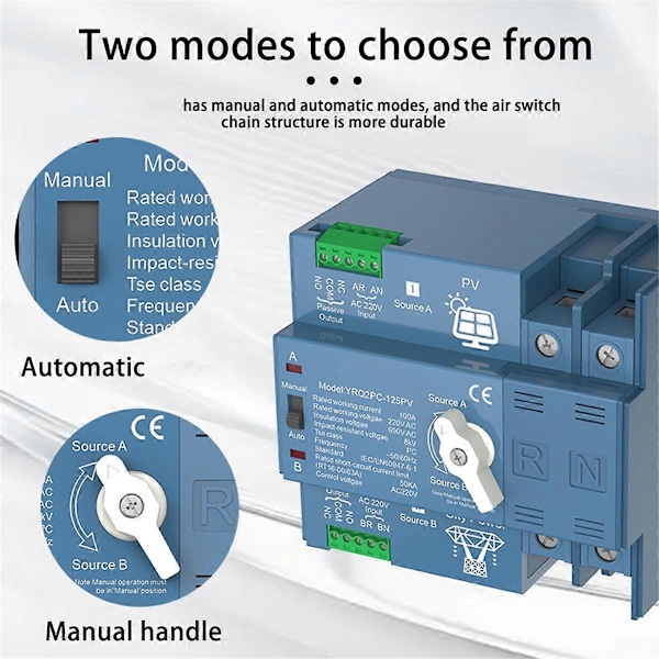 ATS Dubbel Ström Automatisk fer Omkopplare för Generator eller PV Energi till Stadsström Växlingsbrytare 4P125A