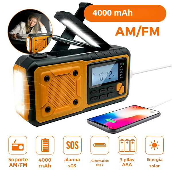 Bærbar solcelle- og håndsving 4000mAh AM/FM nødradio med LED, mobiltelefonoplader og powerbank Orange3 4000mAh
