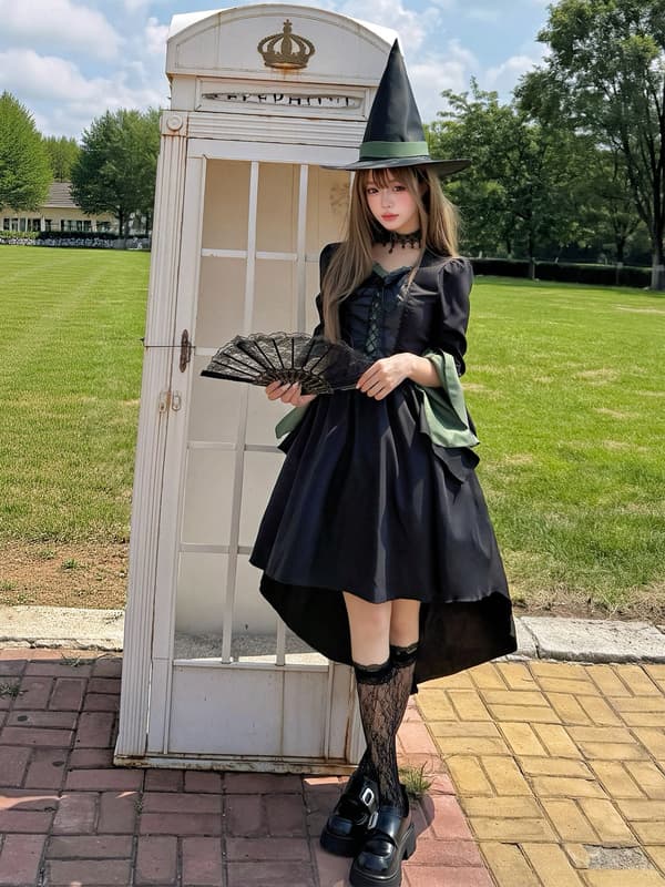Sort gotisk heksekostumekjole til kvinder med hat, Cosplay Halloween Scenetøj M - 5 - Piece Set