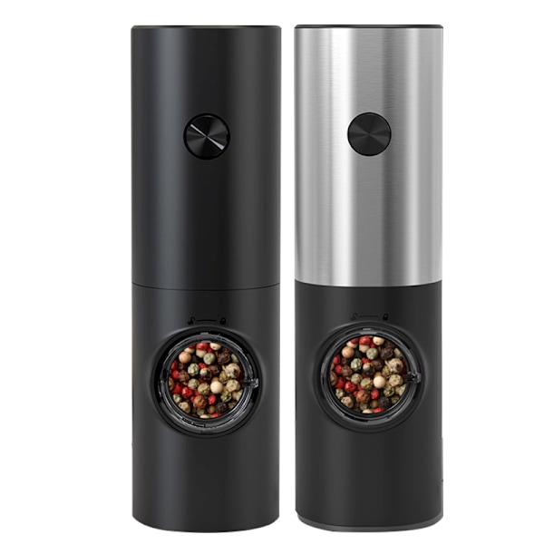 Automatisk elektrisk pepper- og saltkvern, plastmateriale, justerbart LED-lys Black and Silver set