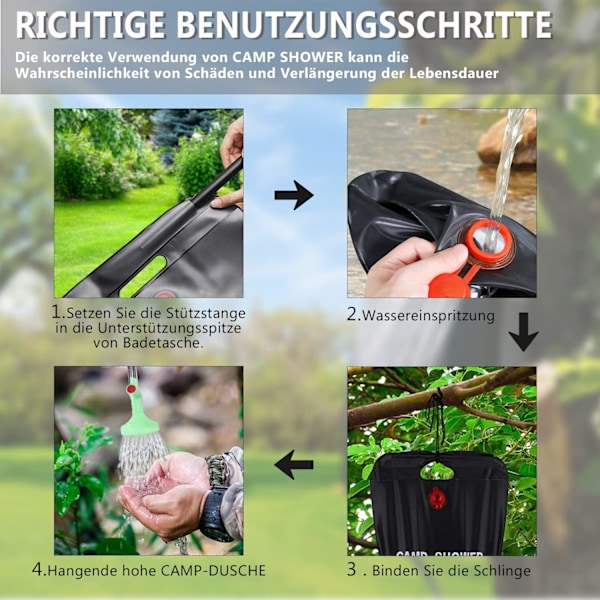 Solbruserpose med brusehoved, til udendørs camping og vandreture With shower