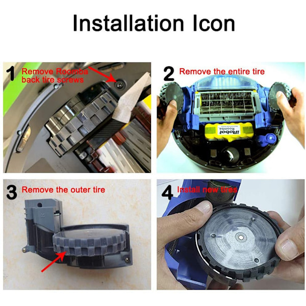 2 stk. dekk for IRobot Roomba hjul 500 600 700 800 og 900-serien, sklisikre, godt grep og enkel montering