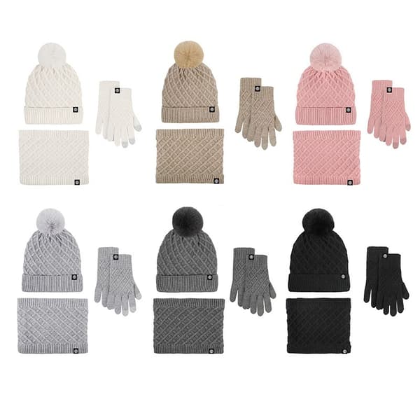 Strikket lue, skjerf og hanskesett, varme vintertilbehør, beige