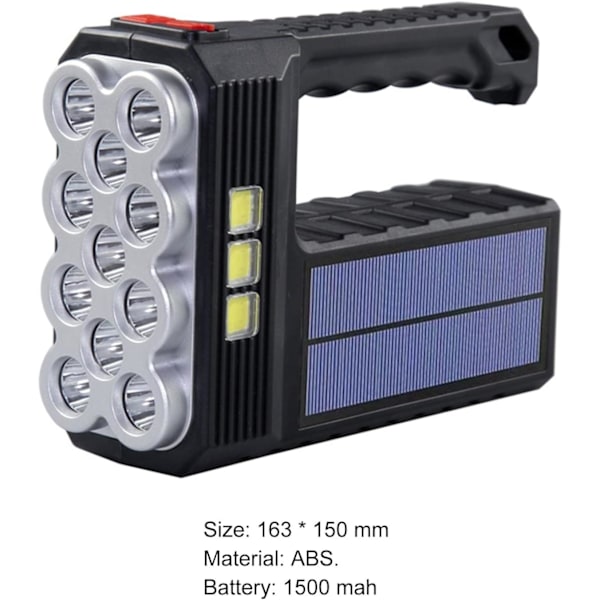Multifunksjonell lommelykt med solcellepanel og USB-ladeport