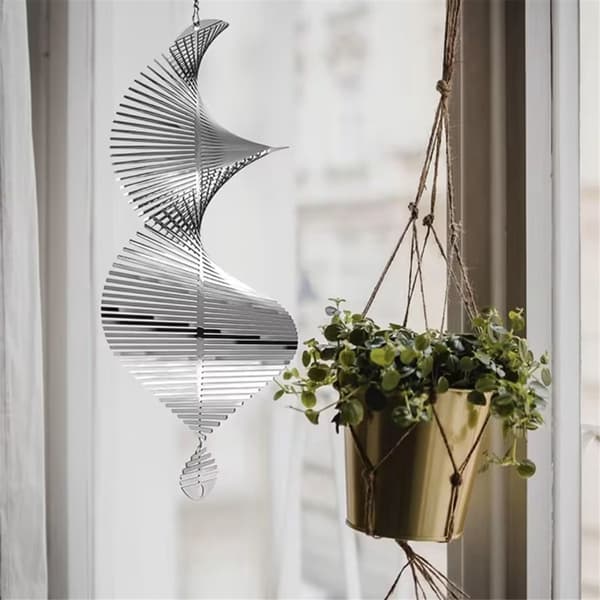 3D Hængende Vindspil, Metalskulptur i Rustfrit Stål, Sølv, 39cm, Havedekoration