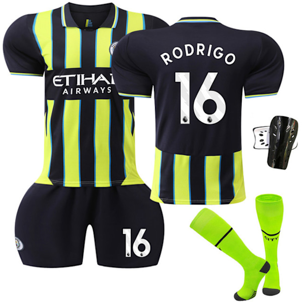2425 Manchester City bortatröja i fluorescerande grönt fotbollsställ Rodrigo + strumpor + skyddsutrustning 20(110-120cm)