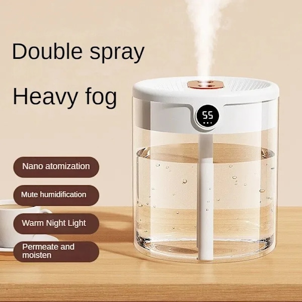Dubbel Spray Luftfuktare, USB Atomizer, Stor Kapacitet, Hem, Sovrum, Kontor, Nattlampa, Digital Display, 2L