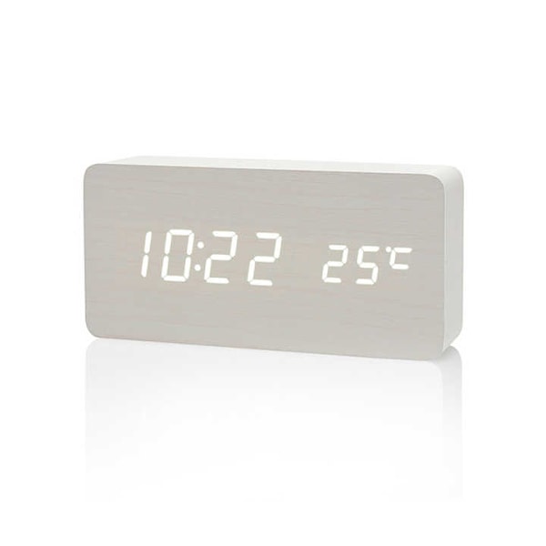 Digital vekkerklokke med LED-display og temperatur, bordklokke i tre for soverom, kontor, reise, dekor White