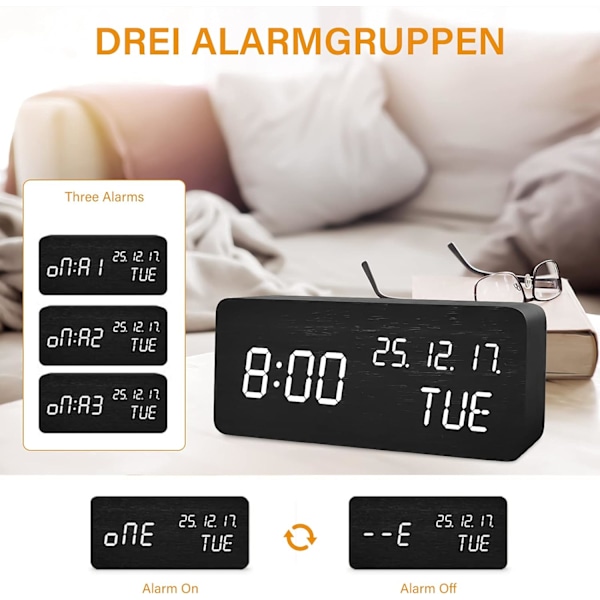 Digital vekkerklokke med trådløs lader LED skrivebordsklokke Temp Display, svart - svart