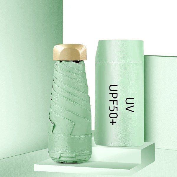 Mini Portabel Rese Hopfällbart UV-Paraply Solskydd och Regn UPF50+ Vinyl Svart Överdrag för Vuxna Kapsel Parasoll Mint Green
