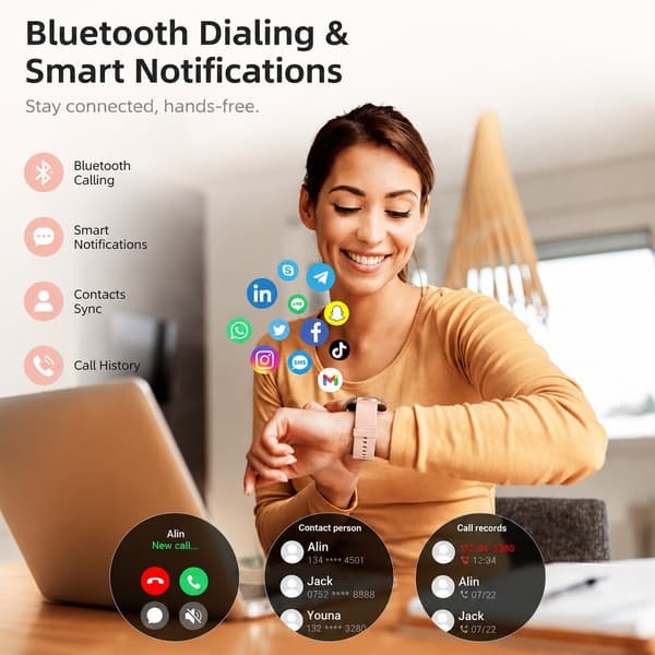 Smartklokke for kvinner med Bluetooth-samtaler, IP68 vanntett, 100+ sportsmoduser, søvn- og pulsmåler