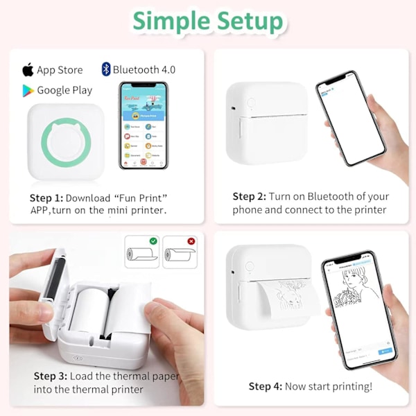 Mini Bærbar Bluetooth Termisk Printer med 5 Ruller Printerpapir Kompatibel med Android iOS