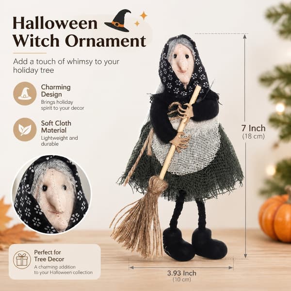 Halloween-heksepynt med kost, heksefigur med forkle, juletrepynt, samleobjekt Green