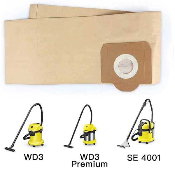 Sæt med 5 lige støvsugerposer til Karcher WD3, WD 3 Premium, WD3200, WD3500P, A2204, A2534, SE4001, KAR69591300