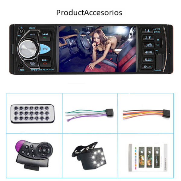 1Din Bilradio Stereo Bluetooth MP5 MP3 4.1 Tum Pekskärm, Rattstyrning, Backkamera, Satellitsändning Control and Camera