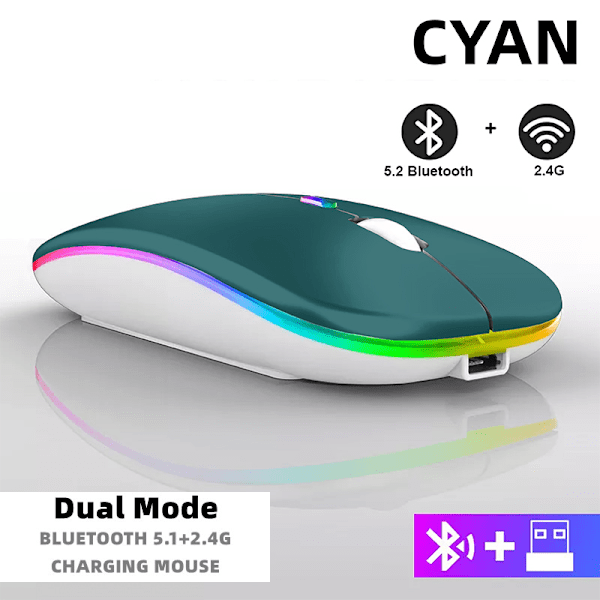 Uppladdningsbar trådlös mus Bluetooth 2,4 GHz USB RGB 1600DPI för dator laptop surfplatta PC Macbook gamingmus cyan