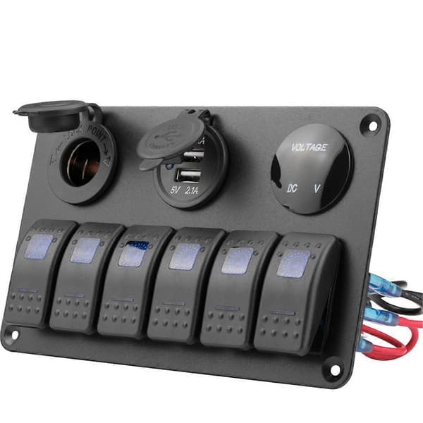6-veis Marine Rocker Bryterpanel Vanntett 12 Volt, Båt Vippebryterpanel 12V Blått LED-lys