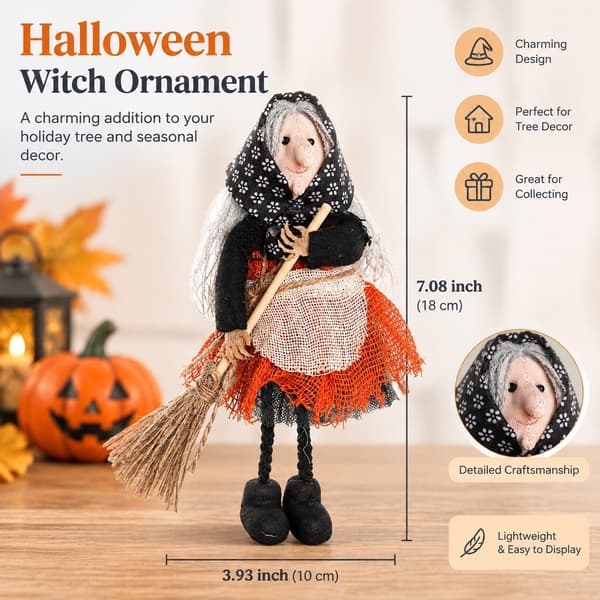 Halloween-heksepynt med kost, heksedukke med forkle som samleobjekt til juletrepynt Orange