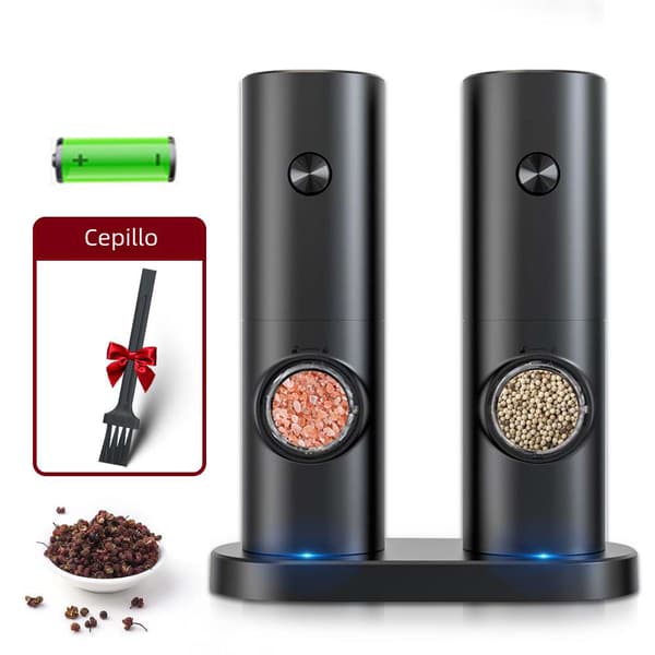 Automatisk elektrisk pepper- og saltkvern, plastmateriale, justerbart LED-lys Black with base