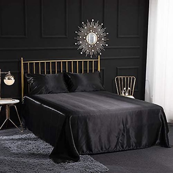 4st silkesatin sängkläder set med lakan, platt lakan, örngott, andas, svart  (king) 3bba | Fyndiq